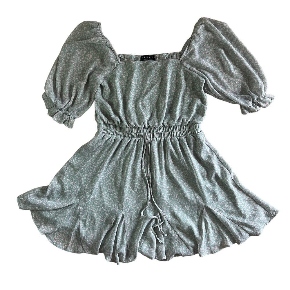 Trixxi Women’s Green Floral Mini Dress, Size M, Puff Sleeve, Smocked Waist Lined